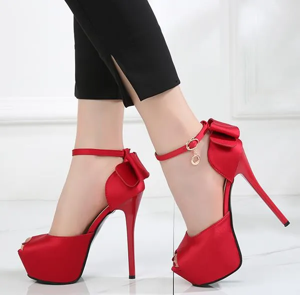 Designer Pumps Wedding Shoes High Heels 14Cm Light Gold Red Bowtie Satin Platform Thin Luxury Women Size 34 To 39