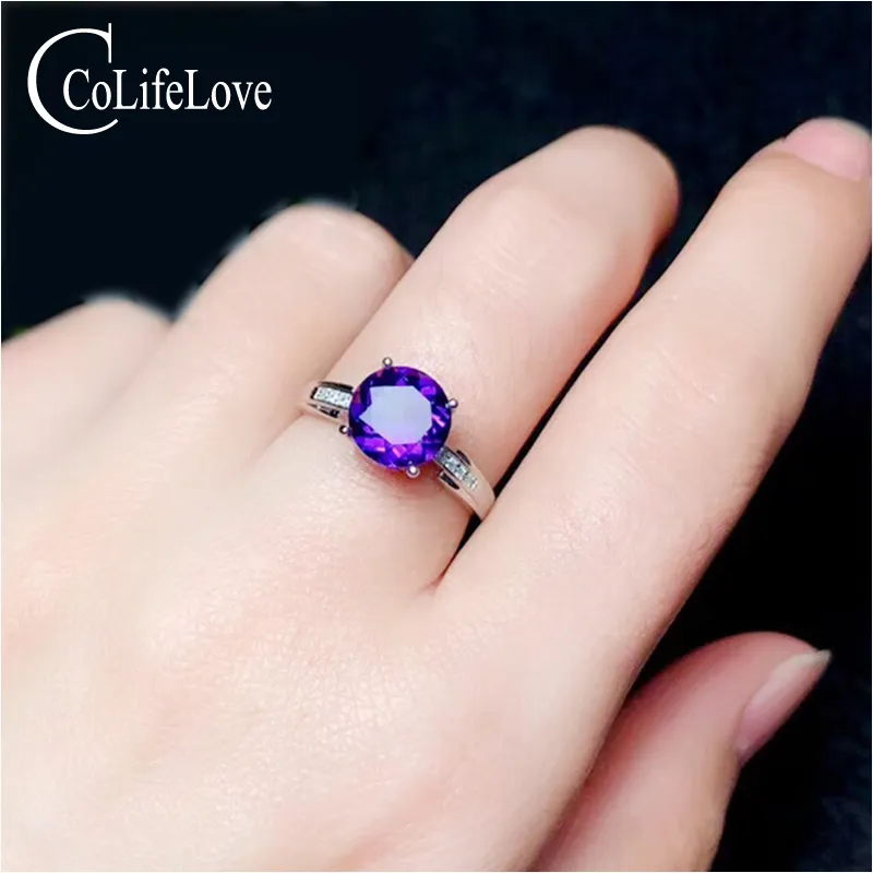 Colife Jewelry Amestyst Silver Ring for Party 6mm自然VVSグレードAmethyst 925シルバー宝石リングリング誕生日プレゼント
