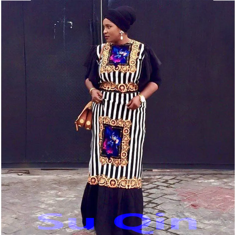 Yeni Moda Bazin Baskı Dashiki Yamadou Elastik Kollu Gevşek Tarzı Geleneksel Afrika Elbise Kadınlar Için