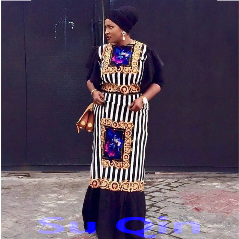 Nova Moda Bazin Imprimir Dashiki Yamadou Manga Elástica Estilo Solto Tradicional Vestido Africano para Mulheres