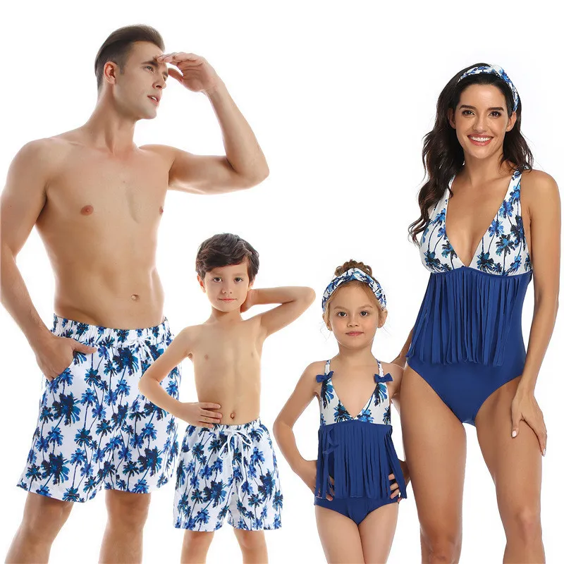 Family Matching Swimsuit Dad Son Board Shorts Mommy and Daughter Bikini Tassel Swimwear Summer Family Beach Outfit