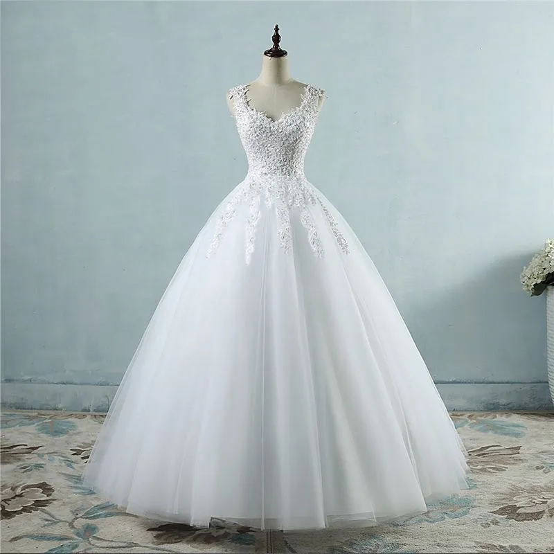 Ball Gowns Spaghetti Straps White Ivory Tulle Wedding Dresses 2020 with Pearls Bridal Dress Marriage Customer Made Size