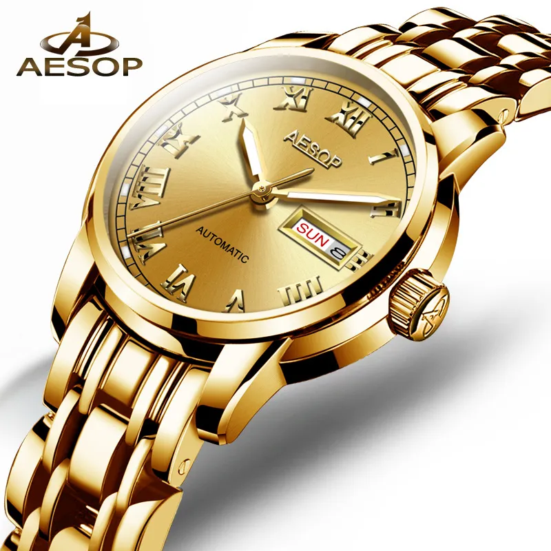 Aesop Gold Luxury Watch Kvinnor Japan Rörelse Mekanisk Automatisk Klocka Ladies Rostfritt Stål Gyllene Kvinna Klocka Kvinnor