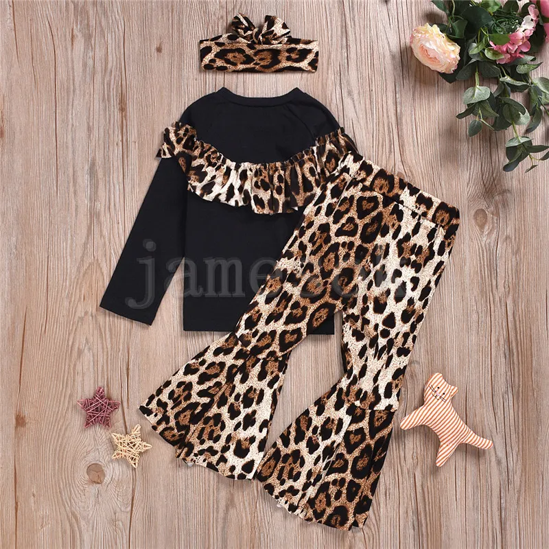 Baby Girls Designer Outfits Leopard Shuffle Sleeves Top+ Leopard Print Flare Pants+ عقال 3pcs/مجموعة أزياء ملابس الأطفال DA237