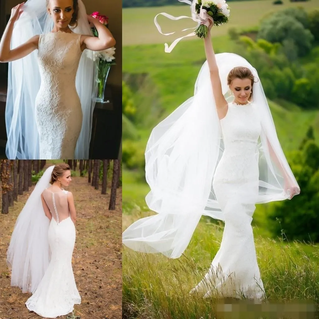 2019 Chic Lace Mermaid Wedding Dresses Sleeveless Sweep Train Jewel Neck Sexy Illusion Back Custom Made Country Wedding Bridal Gown