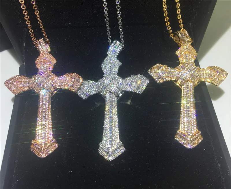 Vecalon fait à la main Big Cross Pendant Sterling Sier Diamond Mariage Engagement Pendants avec collier pour femmes Bijoux pour hommes