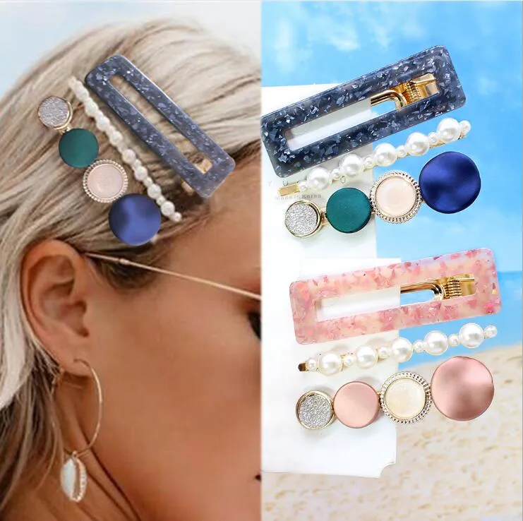 Nuovo 3 Pz/set Moda Perle Acetato Geometrica Pinze Per Le Donne Ragazze Fascia Dolce Forcine Barrettes Accessori Per Capelli Set