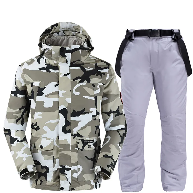 Novo camuflagem de moda masculino neve traje de snowboard roupas de snowboard de inverno esportes ao ar livre usam jaquetas de esqui à prova d'água + calça de cinto de neve