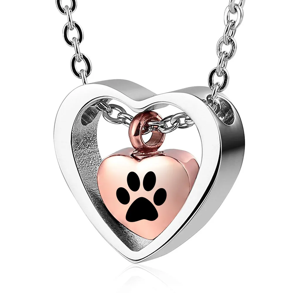 Rose Gold Stainless Steel Pet Paw Print Keepsake Necklace Memorial