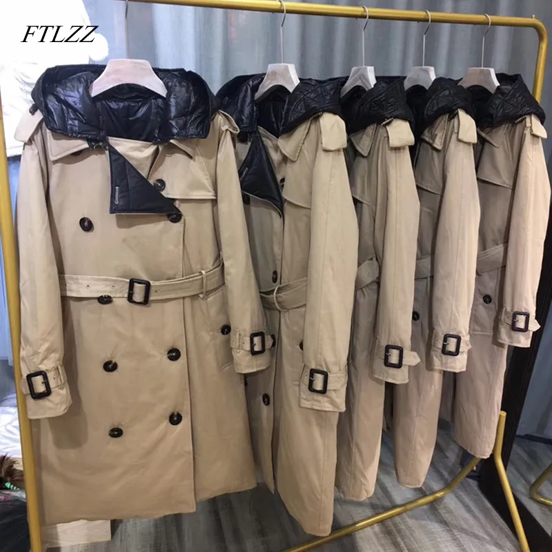 FTLZZ 90% de pato blanca en invierno largo Parkas Mujeres chaqueta con capucha caliente de la capa de nieve con cinturón de pecho rompevientos Outwear Doble