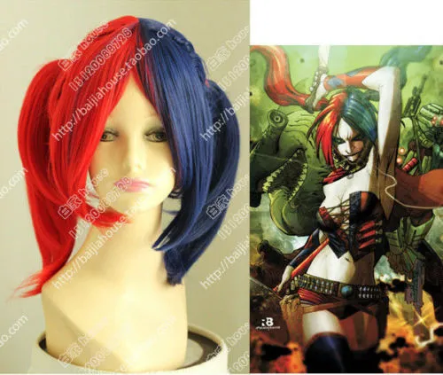Harley Quinn Female Clown Wig Cos Batman Blue and Red Color Ponytail
