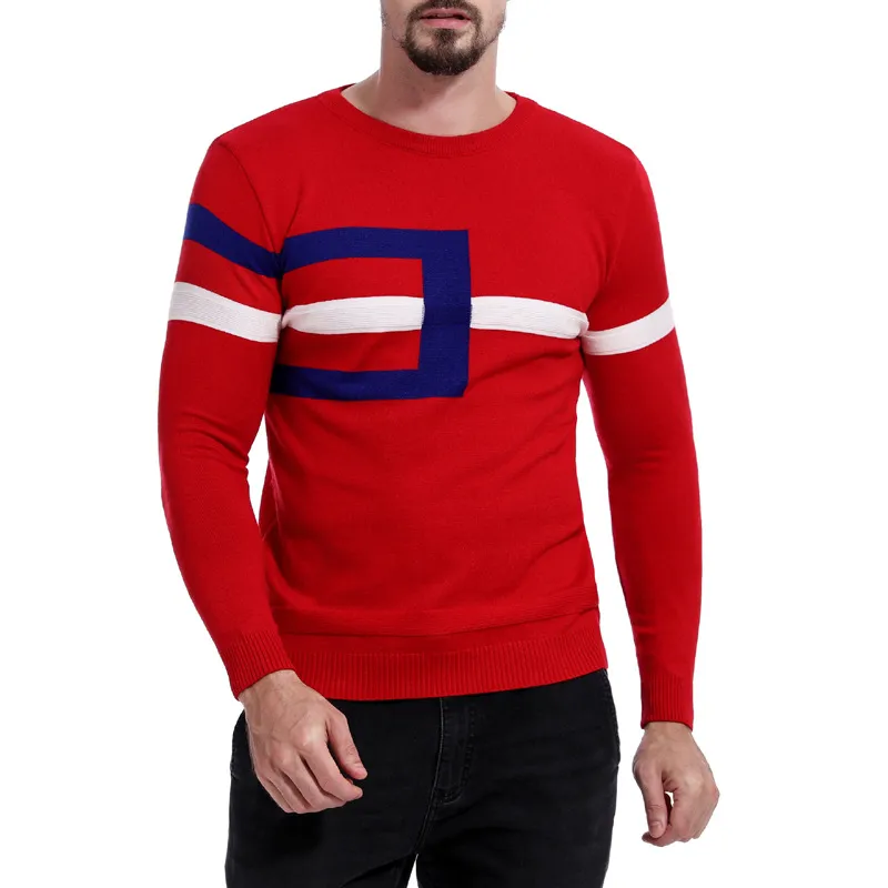 Fashion-Mens Sweater with 2 Colors Color Matching Jumpers Slim Long Sleeve Knitted Pullover Embroidery Male Knitwear