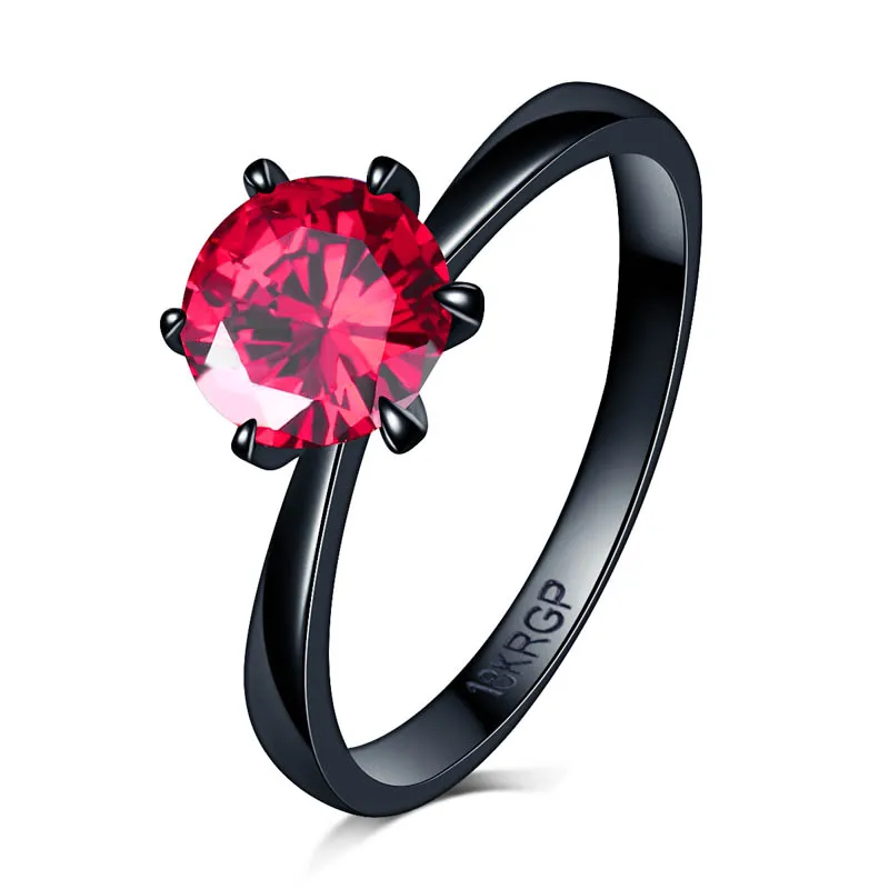 Top Qualität Drop Shipping Antik Rot gefärbt 7mm Zirkon 6 Zinken Ring Mode Schwarz Gold gefüllt Eheringe für Frauen