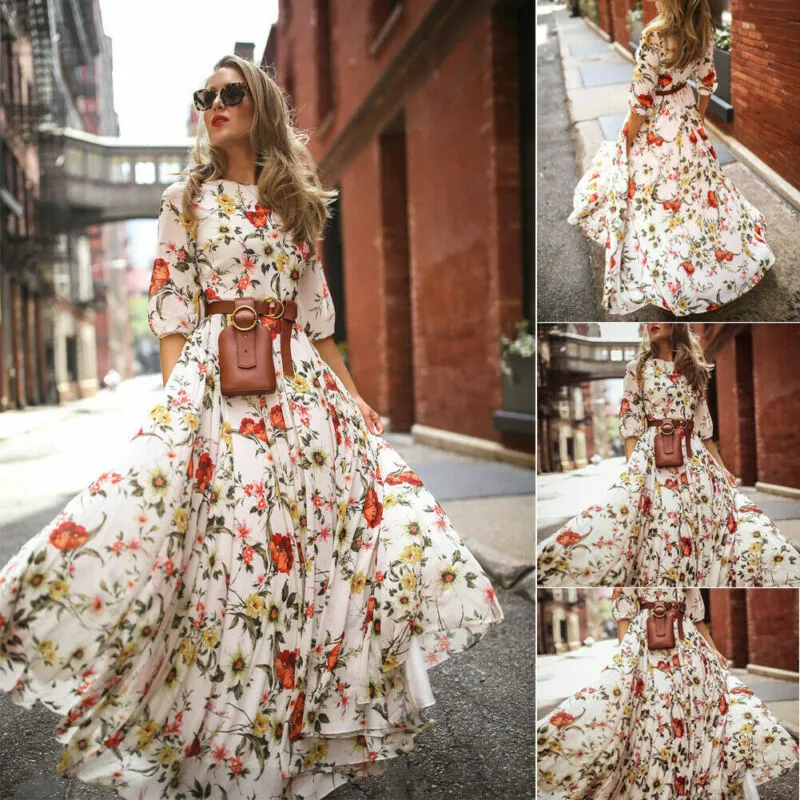 Summer Long Dress Floral Print Boho Beach sukienka Tunik Maxi Party Chifon Sundress Vestidos de Festa282d