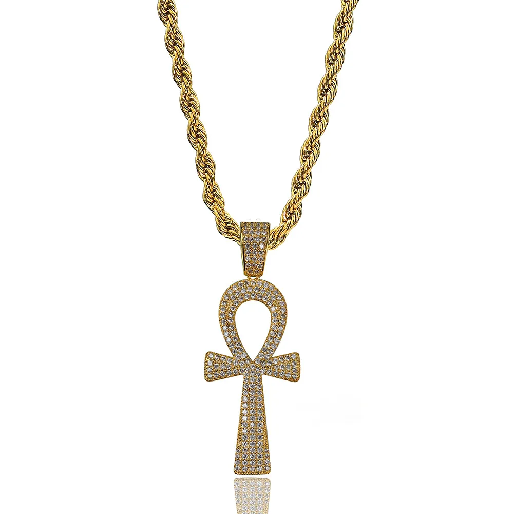 Hip Hop Cross Key Shape Pendants Necklace Jewelry Copper Bling Diamond Stone 18k Gold Plated Jewelry Women/Men