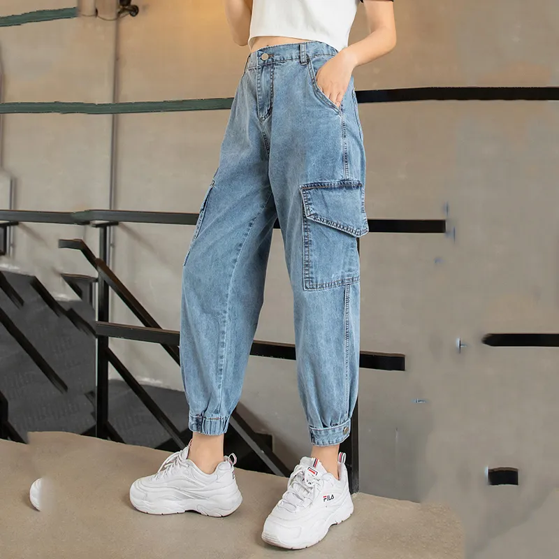 Autumn Jeans Cargo Pants Women Denim Joggers Elastic Waist Stretch Pants  Women's Casual Vintage Wash Loose Fit Ripped Pants SH190816