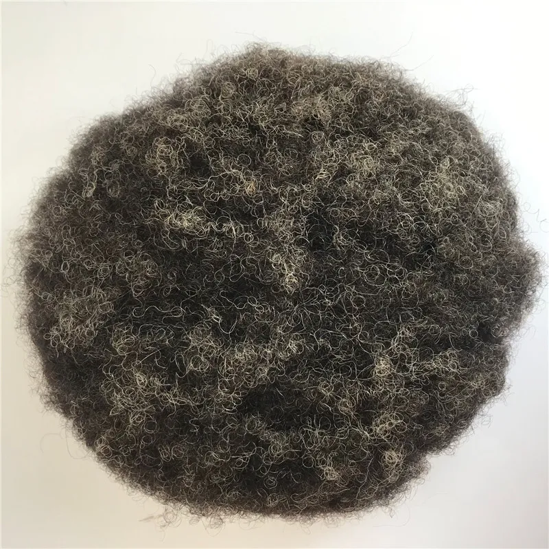 Graues Haar, volles PU-Toupet für Männer, #1B20, verworrene lockige Männer-Perücke, 20,3 x 25,4 cm, volles PU-Toupet, Afro-verworrene lockige Wellen-Männerperücke