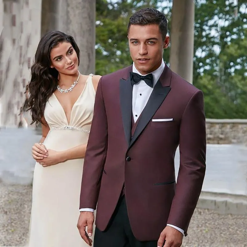 Burgundy Groom Tuxedos Black Peak Lapel Groomsmen Mens Wedding Dress Excellent Man Jacket Blazer 3 Piece Suit(Jacket+Pants+Vest+Tie) 1760