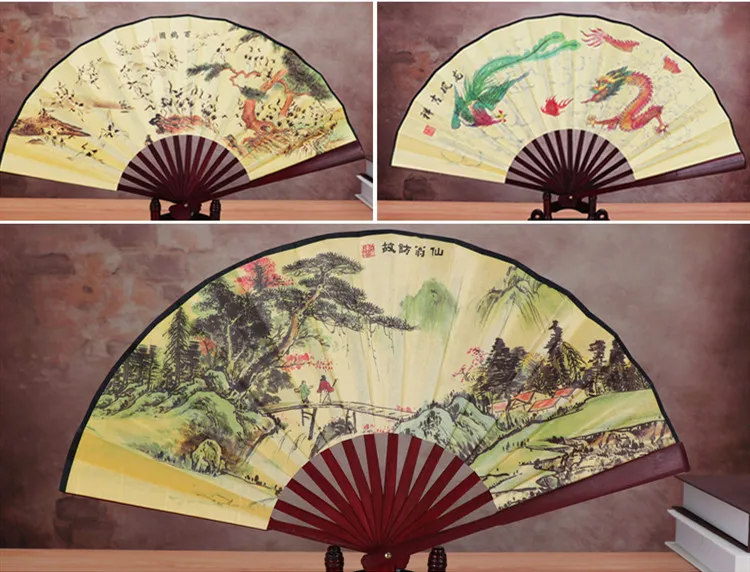 Etnische traditionele Chinese zijdeventilator grote decoratieve vouwfans Craft gedrukte bamboe handventilator voor man gift