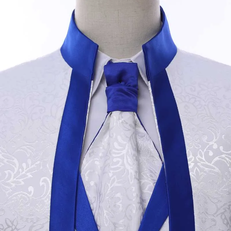 Branco Royal Blue Rim Roupas de Palco Para Homens Conjunto de Ternos Ternos de Casamento Traje Noivo Smoking Formal Jaqueta Calças Colete Tie259A