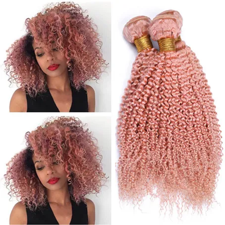 Девственные перуанские человеческие волосы Pure Pink Kinky Curly Weave Связки Светло-розовые Virgin Remy Наращивание волос человека Уток странный вьющиеся 3шт / много