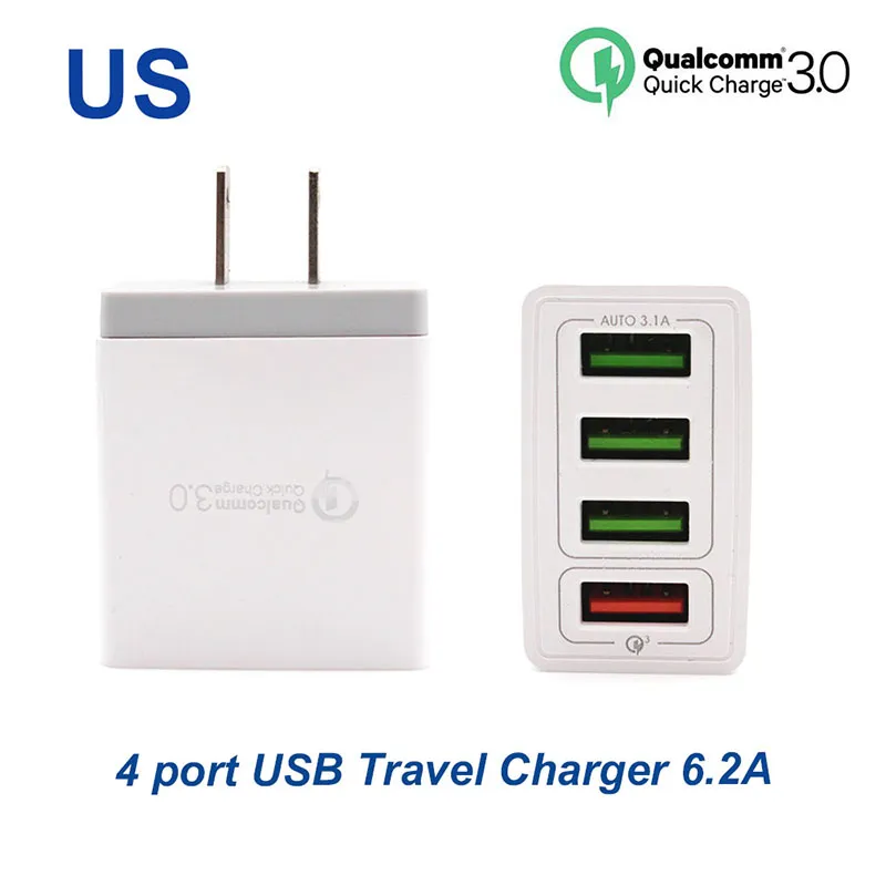 Hızlı Şarj3.0 Hızlı Şarj 4 Portlar Seyahat Şarj 6.2A USB Şarj Samsung Galaxy S8 Xiaomi 5 iPhone Adaptörü AB / ABD Plug Için