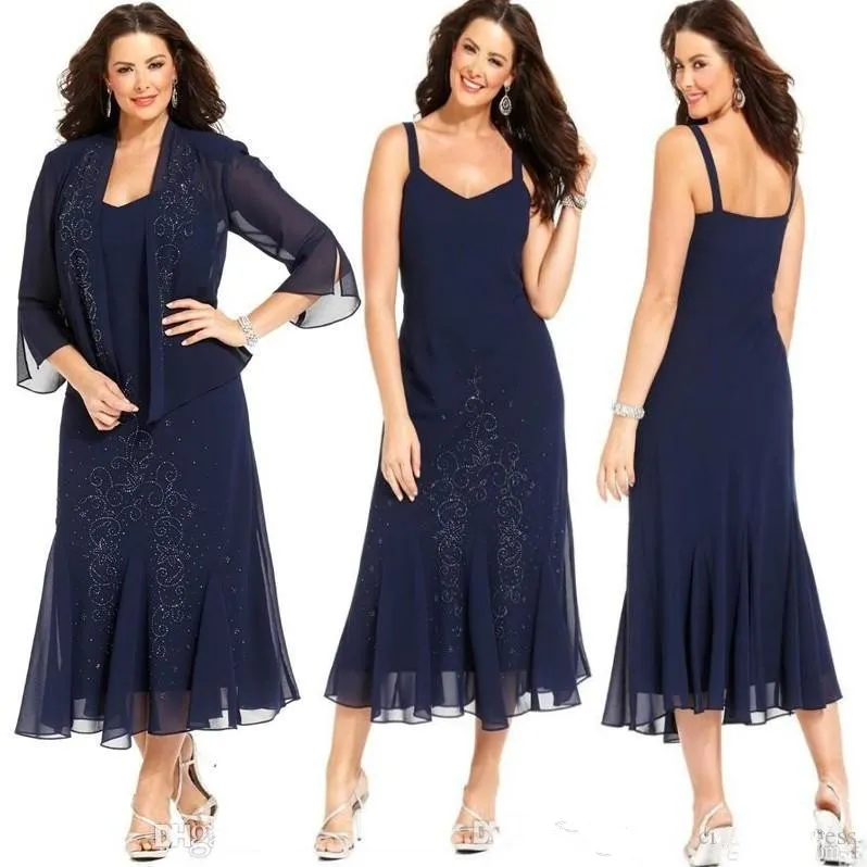 2019 Элегантное темно-синее шифоновое чайное платье длины плюс размер платья для матери невесты с жакетом 3/4 с длинными рукавами вечерние платья