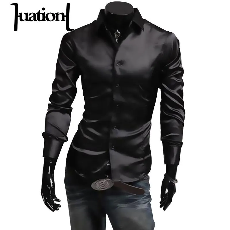 Huation hommes chemise en soie 2019 marque de mode hommes chemise à manches longues hommes camisa social masculina décontracté noir hommes chemises habillées