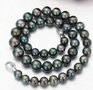 Awesome Free Shipping 10-11mm collier de perles vert noir 18 pouces 925 s