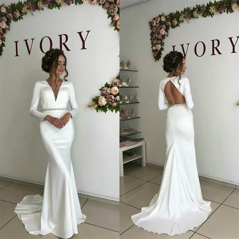 Cheap Mermaid Wedding Dresses Sexy V-neck Backless Ruched Satin Sash Boho Bridal Dress Long Sleeves Sweep Train Custom Made Robes De Mariée