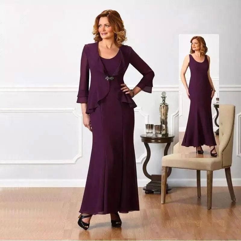 Vintage 2019 Mother of the Bride Dresses Suits Scoop Neck Mermaid Ankle Length Purple Chiffon Long Evening Dresses Mother of The Groom
