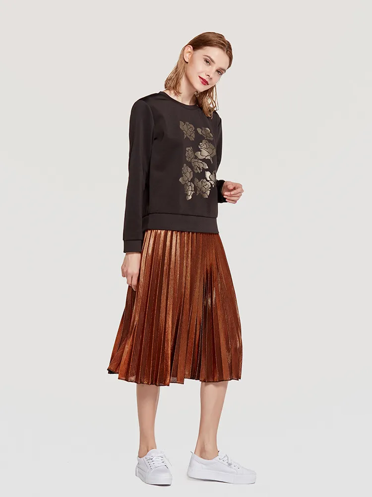 Fashion Women Designer Dress Gold Pleated Skirt Elastic Waist Long