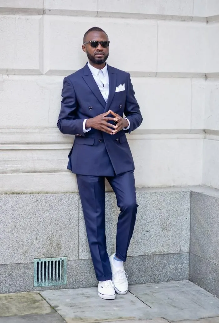 Navy Blue Tuxedo: Double Breasted Peak Lapel Groomsmen Tuxedos