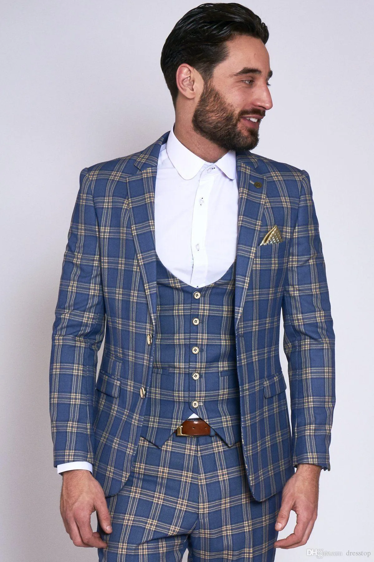ブルースクエアグルーミングタキシードノッチラペルグルーマスマンの結婚式3ピーススーツファッション男性ビジネスプロムパーティージャケットブレザー（ジャケット+パンツ+ネクタイ+ベスト）26