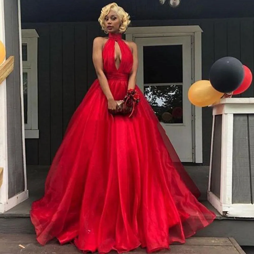 2019 new Red Ball Gown Evening Dress High Neck Sleeveless Floor Length Organza Formal Prom Gowns 2019 Hot Selling Women Party Dresses