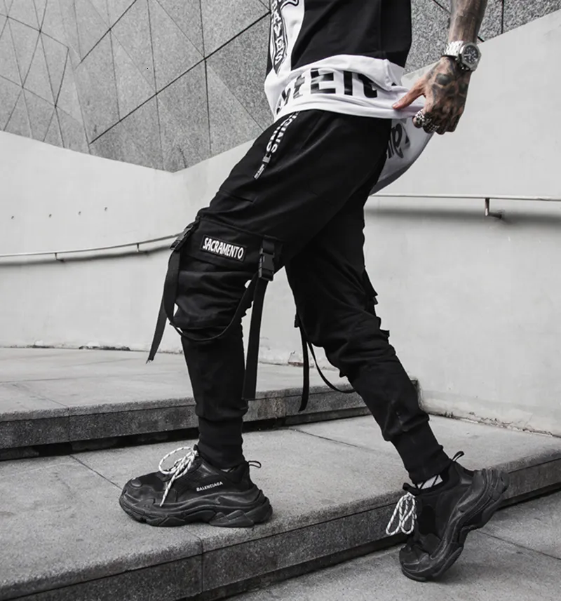 Hip Hop Joggers Mens Black Harem Cargo Pants Streetwear With