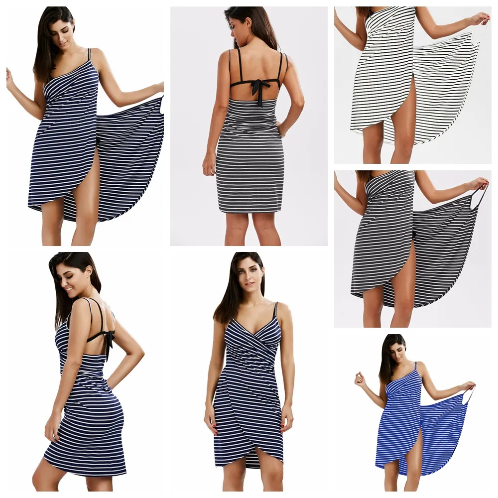 Bad Striped Handduk Badrock Strand Klänning Fast Torkvatten Klädsel Wrap Kvinnor Ärmlös Handdukar Robe de Plage Beach Dress Holiday Ljja2421