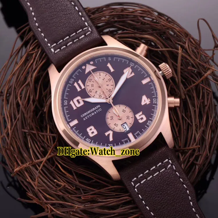 Nuevo 43 mm Edición limitada Cronógrafo Esfera marrón IW387805 Miyota Reloj de cuarzo para hombre Cronómetro Caja de oro rosa Correa de cuero Relojes Watch_zone