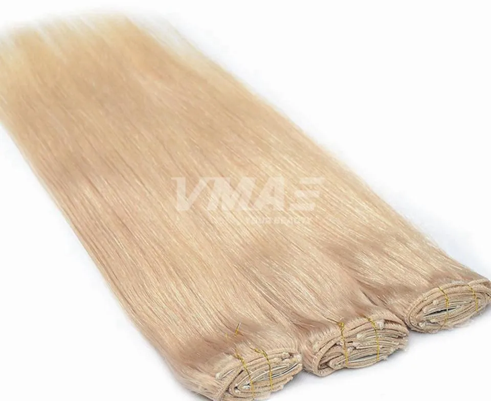 VMAE 140g extensions à clips pinces à cheveux filles #613 #60 Double Drawn 100% cheveux humains brésiliens russes couleur naturelle blonde extensions à clipser