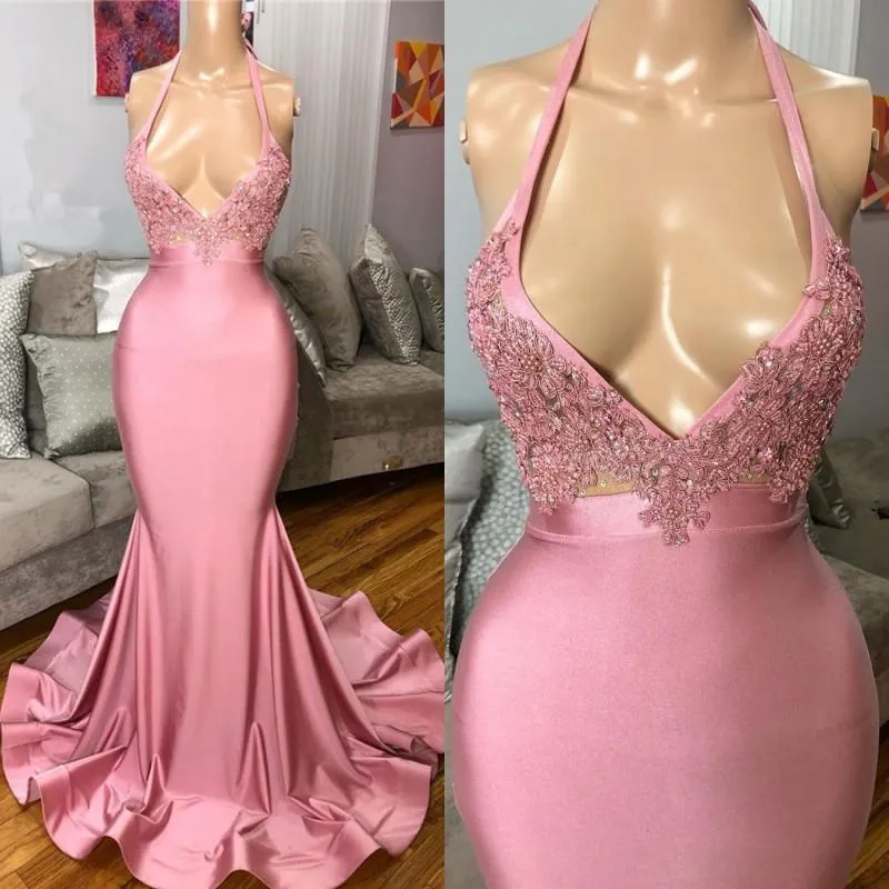 Sexy Nieuwe Collectie Roze Mermaid Prom Jurken 2020 Halter Neck Beads Appliques Dompelen V-hals Formele Avondjurk Partyjurken Ogstuff