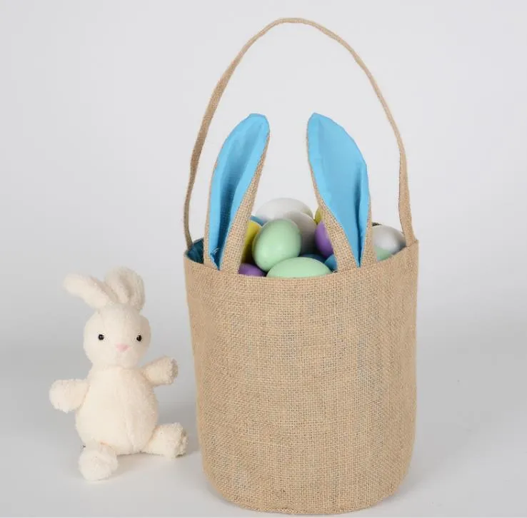 Rabbit Ear Cotton Linen Easter Egg Bag Bunny Ear Shopping Tote kids Jute Cloth Hand-painted DIY Creative Candy Gift Bag Round Bottom event