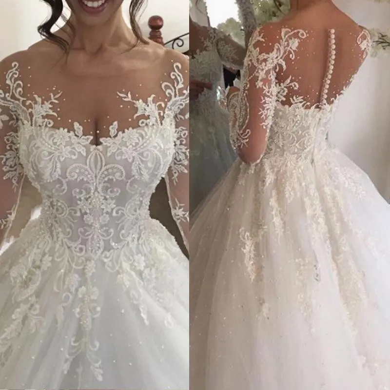 Sheer Sleeve Hand-sewn Beaded Lace Tulle Modern Wedding Dress
