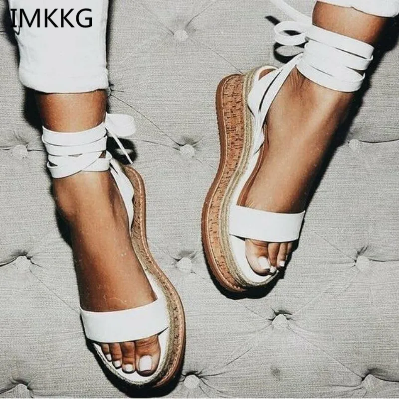 Imkkg 여름 흰 쐐기 Espadrilles 여성 샌들 오픈 토프 검투사 샌들 여성 캐주얼 레이스 업 플랫폼 샌들 M364 Y19070103