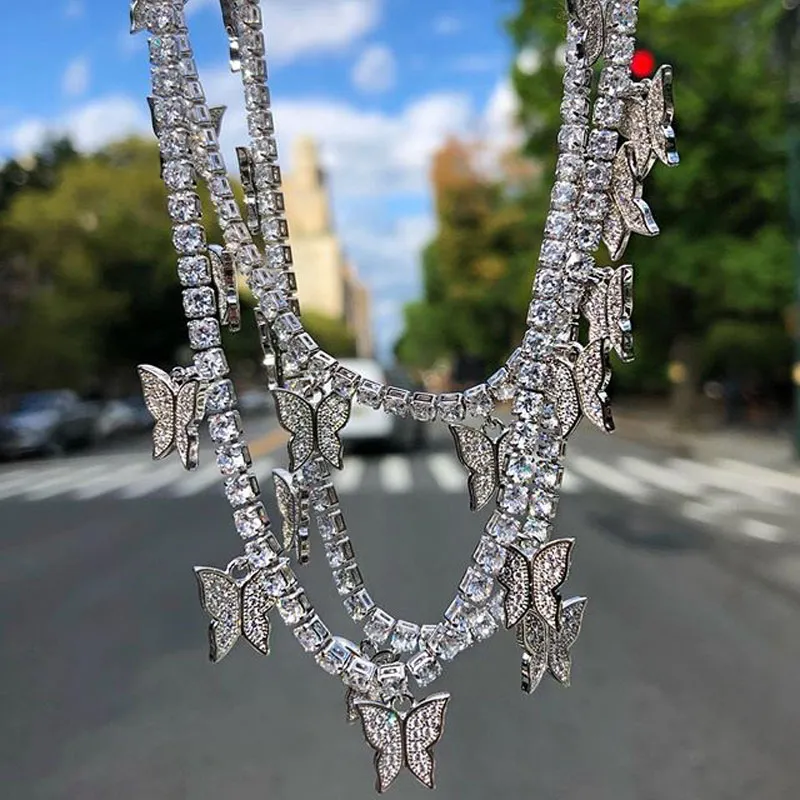Kobiety Hip Hop Bling Out Butterfly z CZ Tinnis Chain Naszyjnik luksusowy łańcuch biżuterii mody