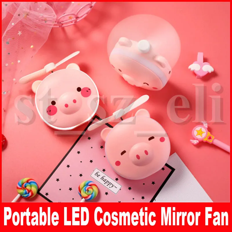 USB LED 조명 화장품 거울 팬 귀여운 동물 메이크업 거울 아름다움 도구 여름 야외 휴대용 팬