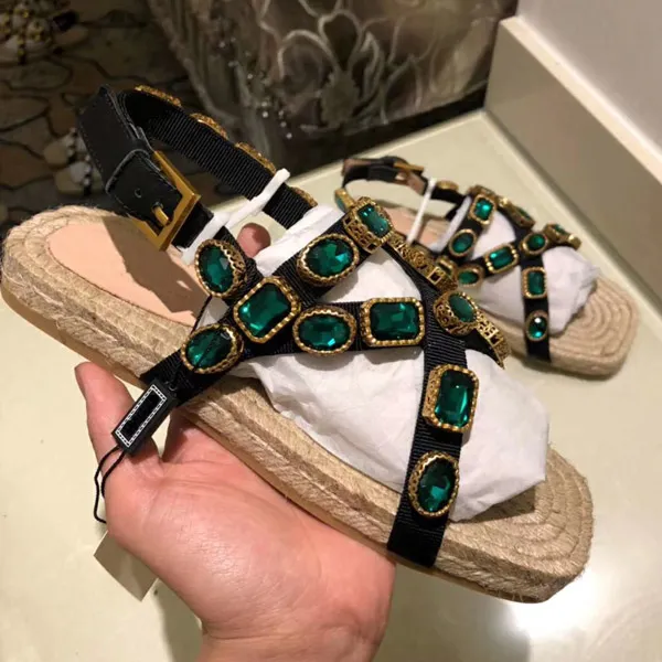 Stylish Womens Cross Tie Flat Sole Espadris Straw Sandals With