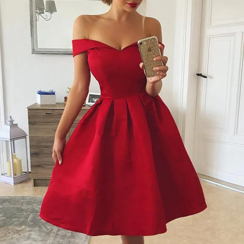 red off the shoulder knee length dress Tulle Dark Red Off the Shoulder Knee Length Homecoming Dress, Red Party Dress