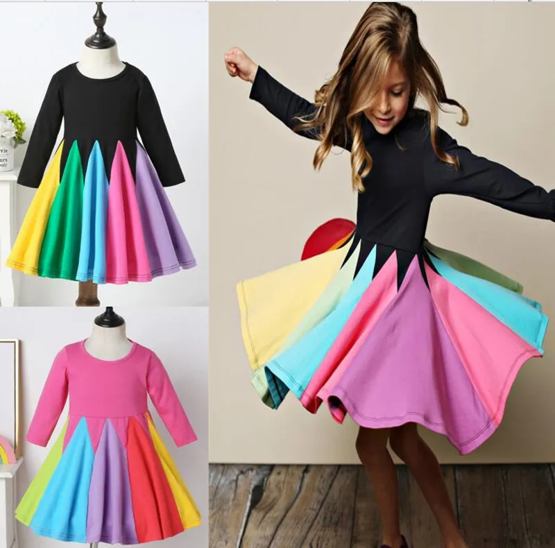 Vestido de arcoíris para niñas pequeñas, vestidos de retales de manga larga para primavera y otoño, vestido de princesa, ropa de fiesta de Navidad para niños, caliente