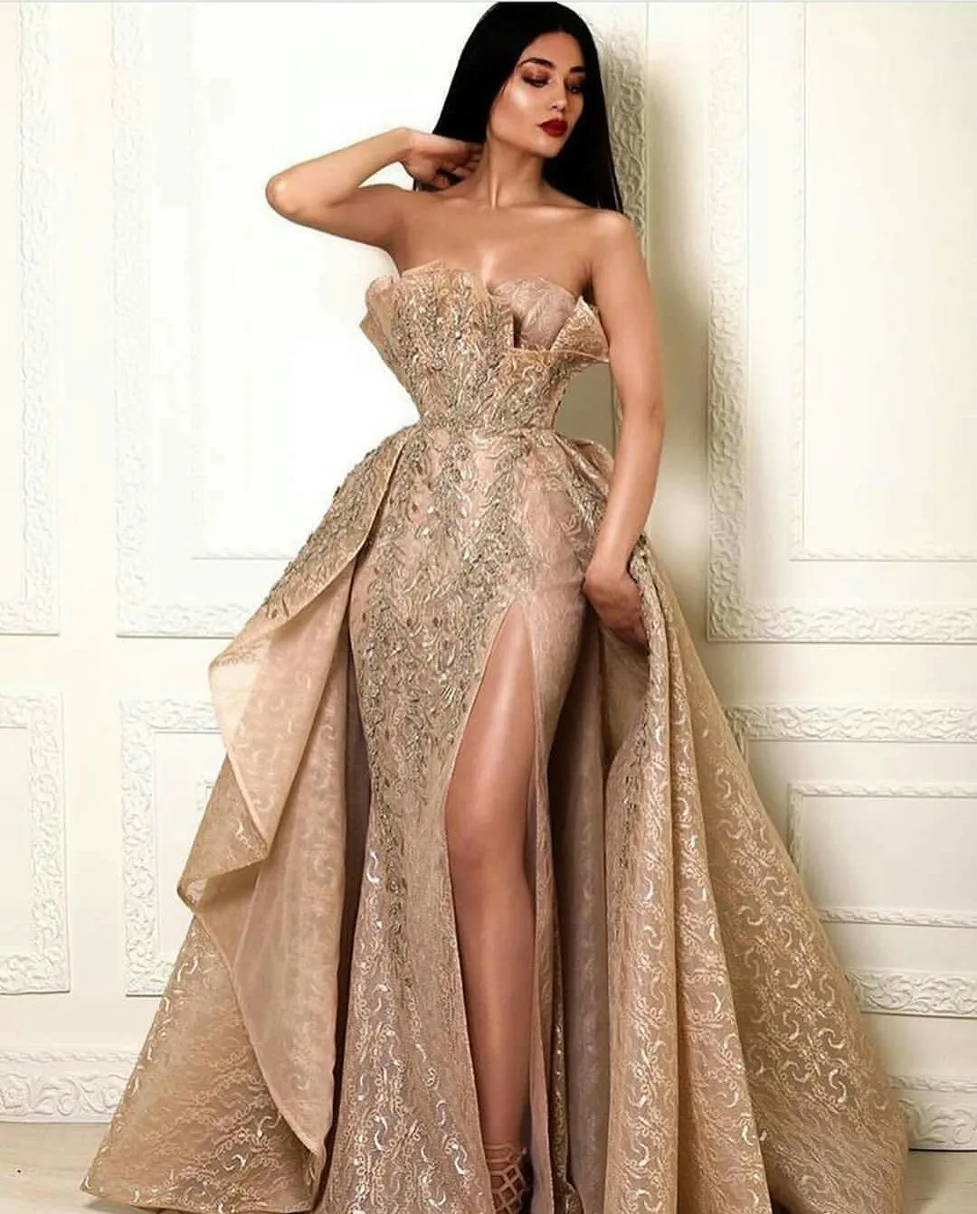 Luxury Champagne Mermaid Prom Dress Fabric With Detachable Skirt  