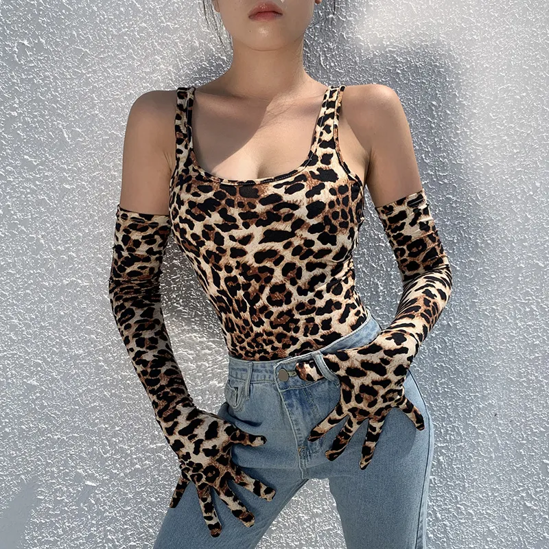 Leopard Print Bodysuit Women Sexy Leotard With Matching Long Gloves Sleeveless Jumpsuit Fashion 2 Piece Novelty Cosplay Costume